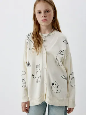 Вязаный кардиган с жаккардовым принтом для девочек, бежевый, арт. 5929