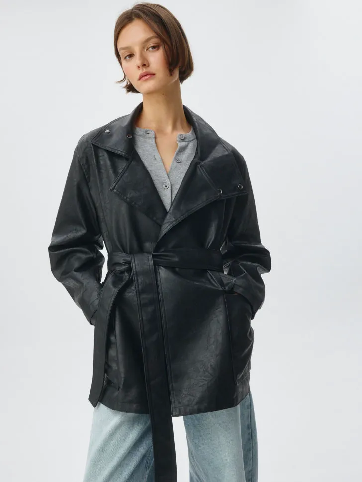 Куртка из экокожи с поясом, черный, арт. 5958