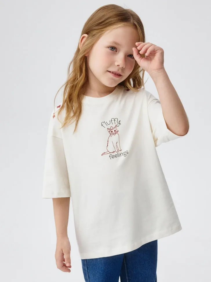 Футболка оверсайз с принтом для девочек, бежевый, арт. 5963