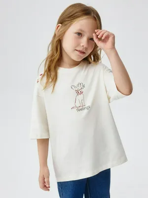 Футболка оверсайз с принтом для девочек, бежевый, арт. 5963