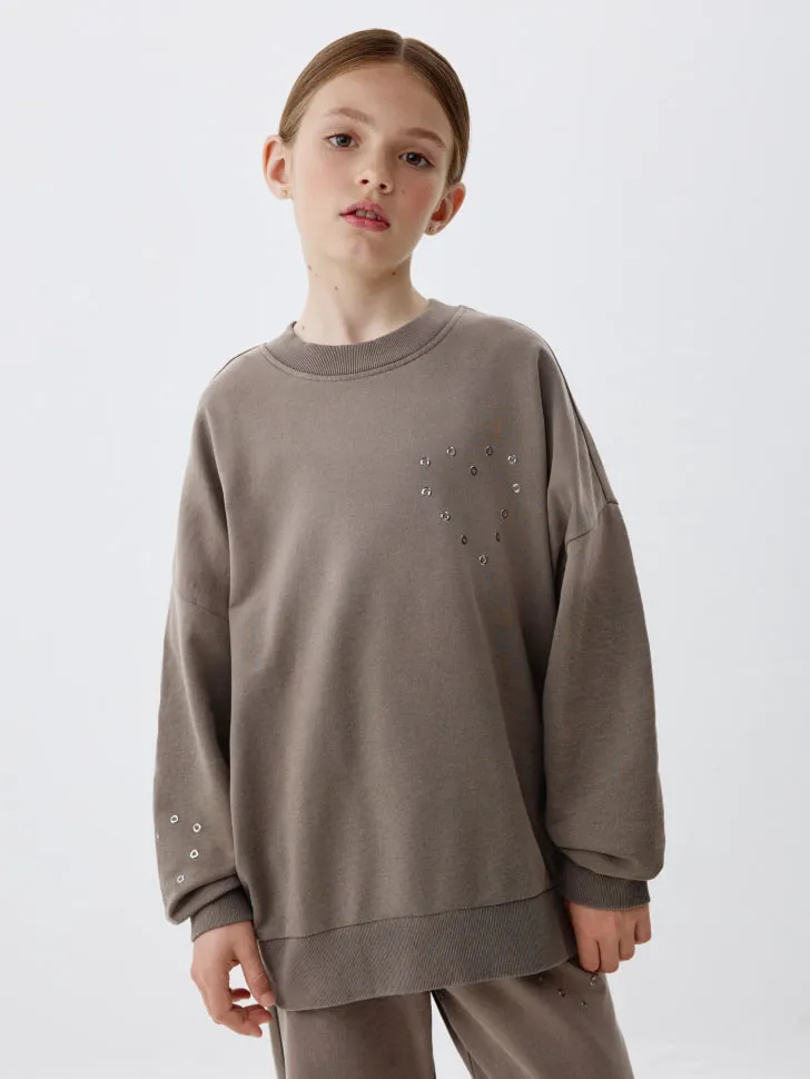 Свитшот оверсайз с люверсами для девочек, хаки, арт. 5980