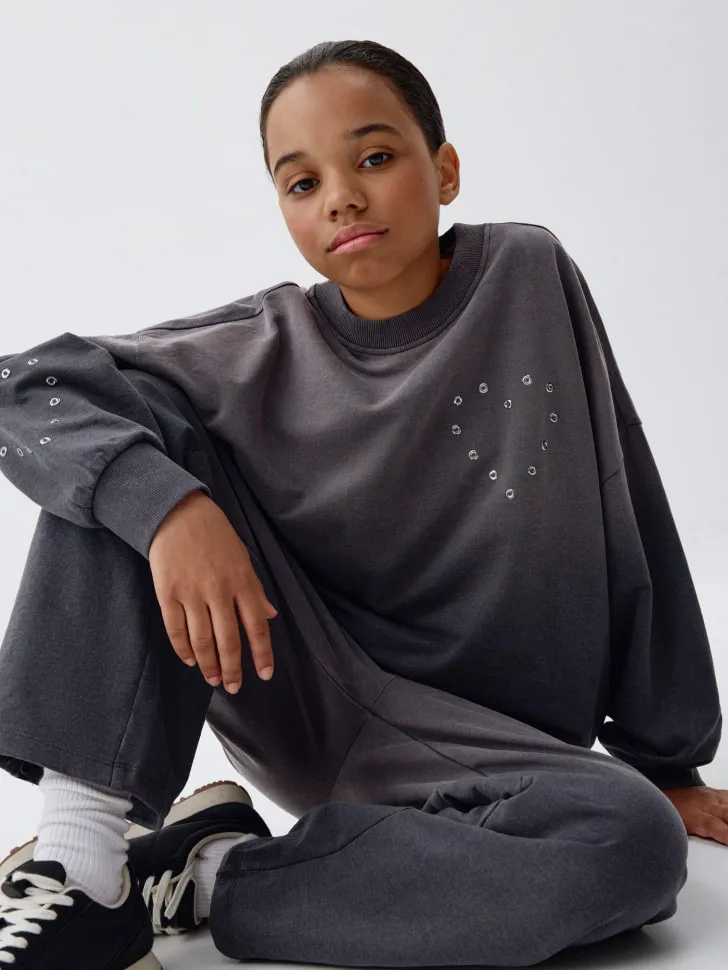 Свитшот оверсайз с люверсами для девочек, серый, арт. 5981