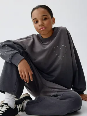 Свитшот оверсайз с люверсами для девочек, серый, арт. 5981