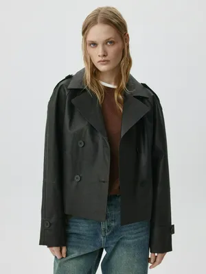 Укороченный тренч из искусственной кожи, черный, арт. 6094