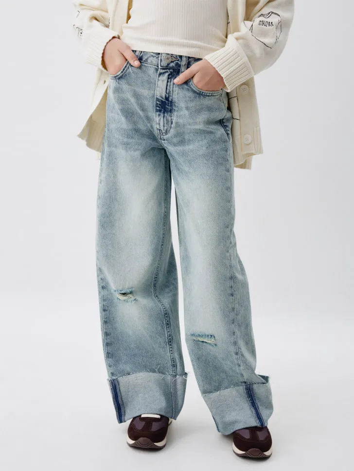 Джинсы Wide Leg с подворотами для девочек, голубой, арт. 6152