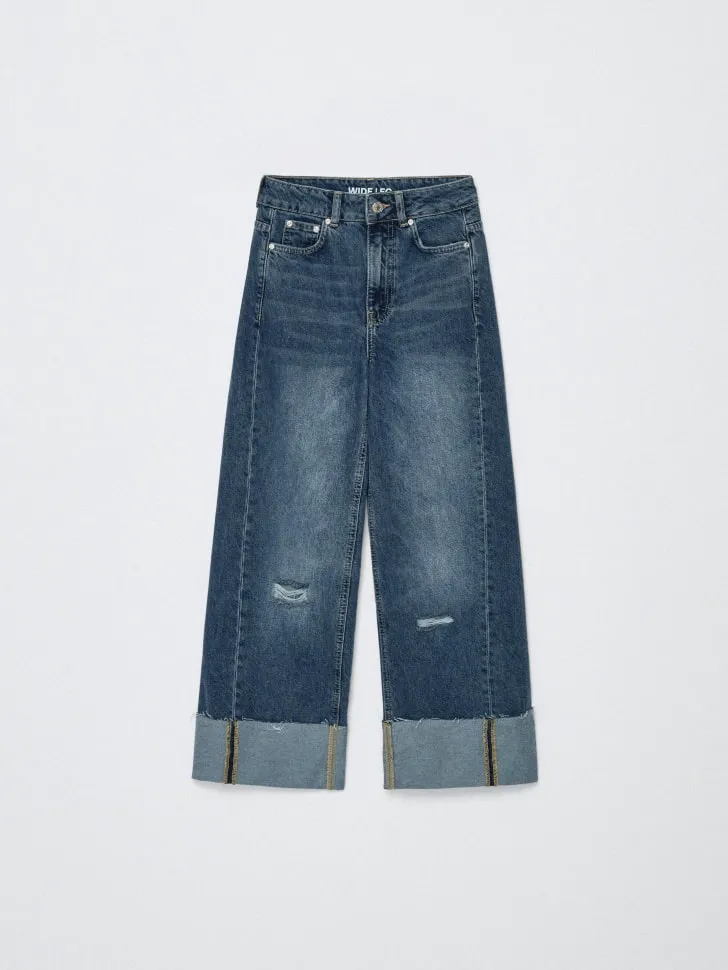 Джинсы Wide Leg с подворотами для девочек, синий, арт. 6168
