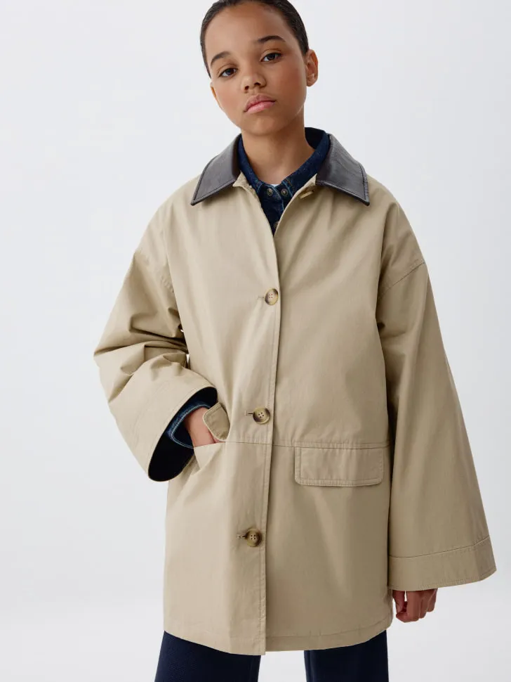 Плащ с кожаным воротником для девочек, бежевый, арт. 6185