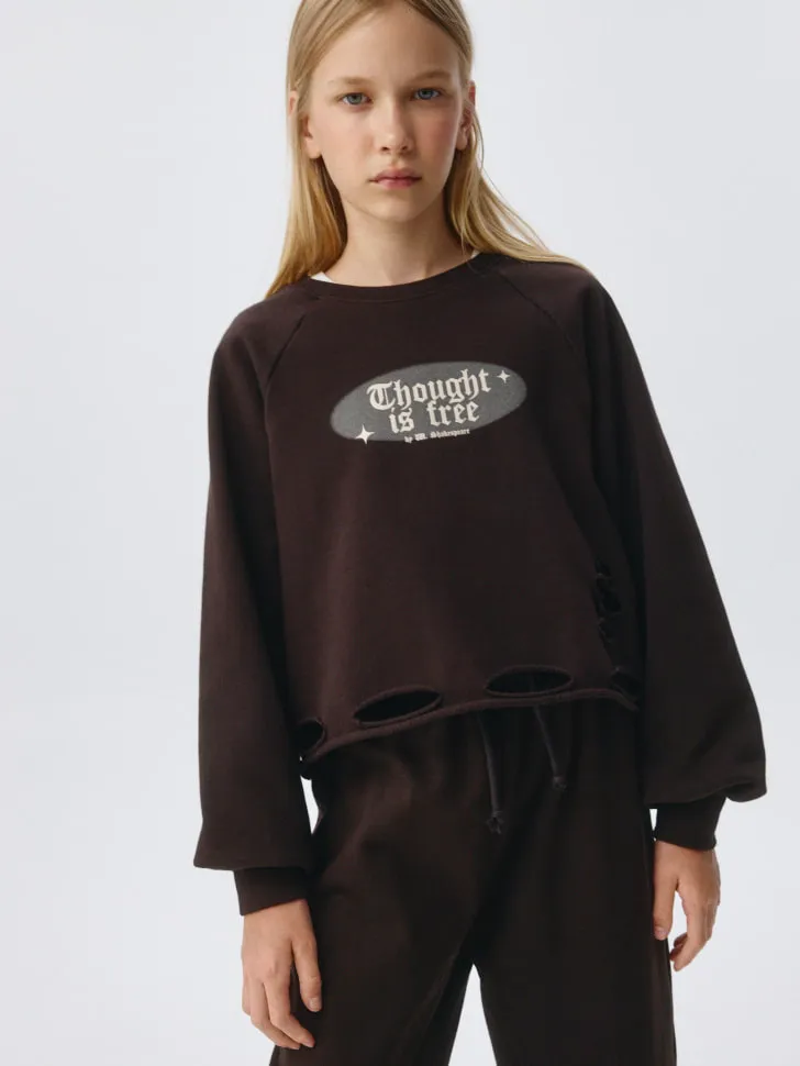 Рваный свитшот с принтом для девочек, коричневый, арт. 6188