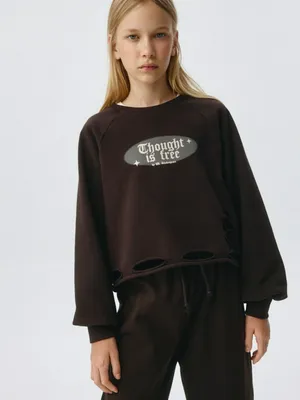 Рваный свитшот с принтом для девочек, коричневый, арт. 6188