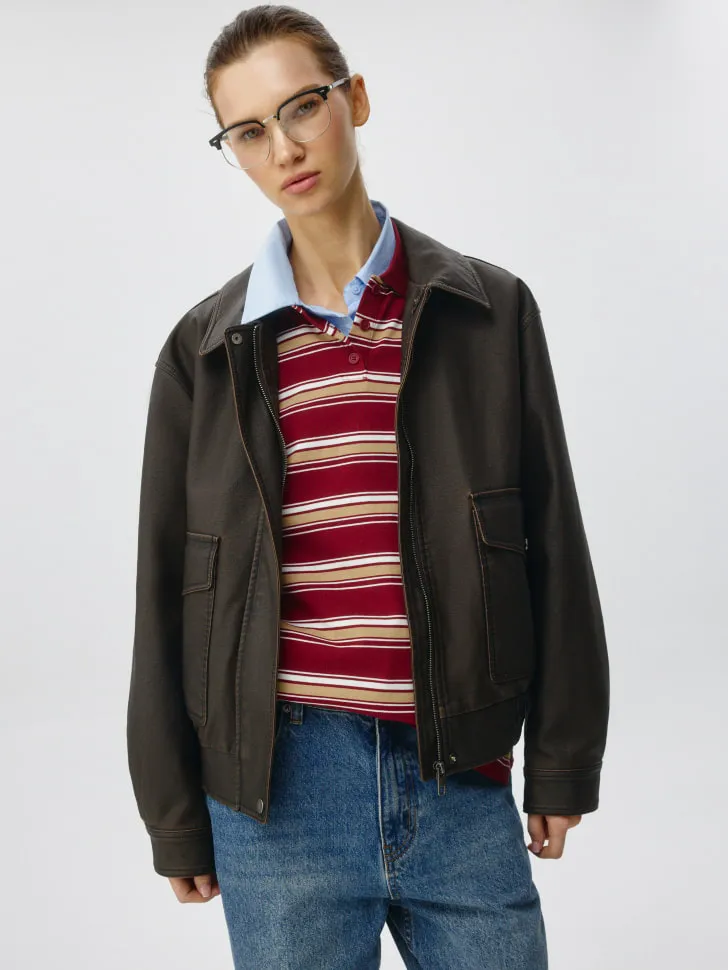 Куртка из экокожи с состаренным эффектом, хаки, арт. 6198