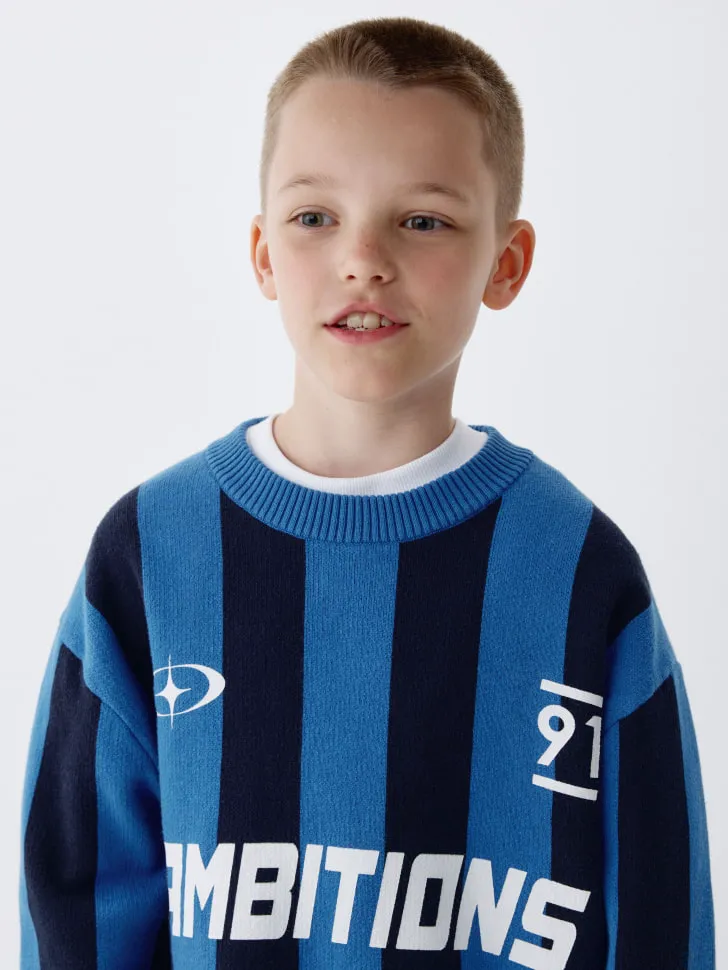 Вязаный джемпер оверсайз с принтом для мальчиков, синий, арт. 6256