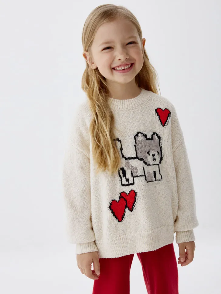 Вязаный джемпер оверсайз с принтом для девочек, бежевый, арт. 6259