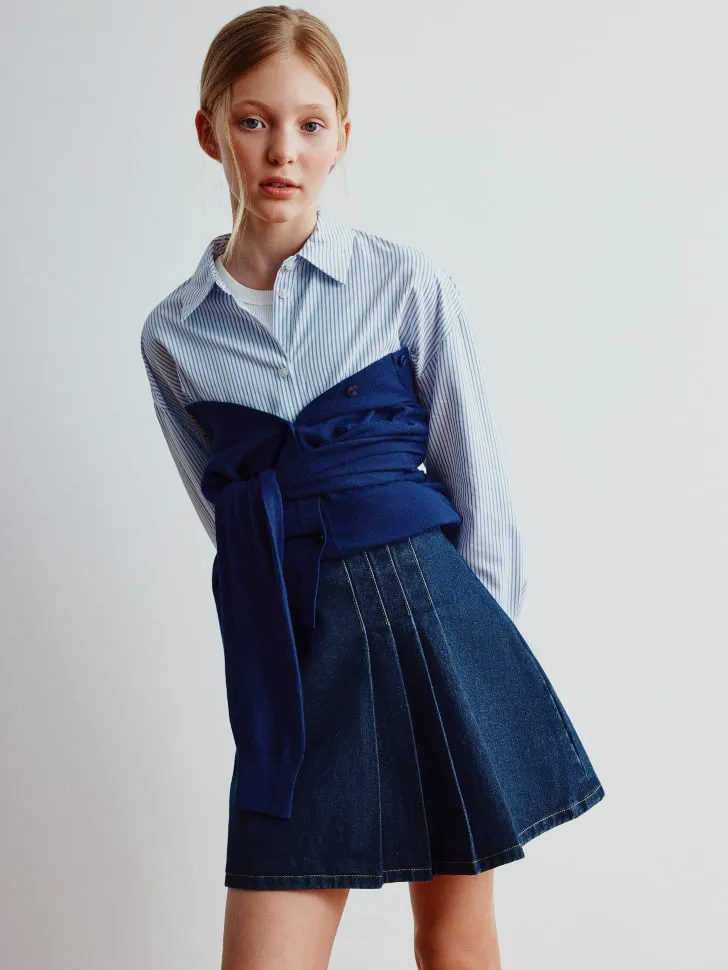 Джинсовая юбка-шорты в складку для девочек, синий, арт. 6260