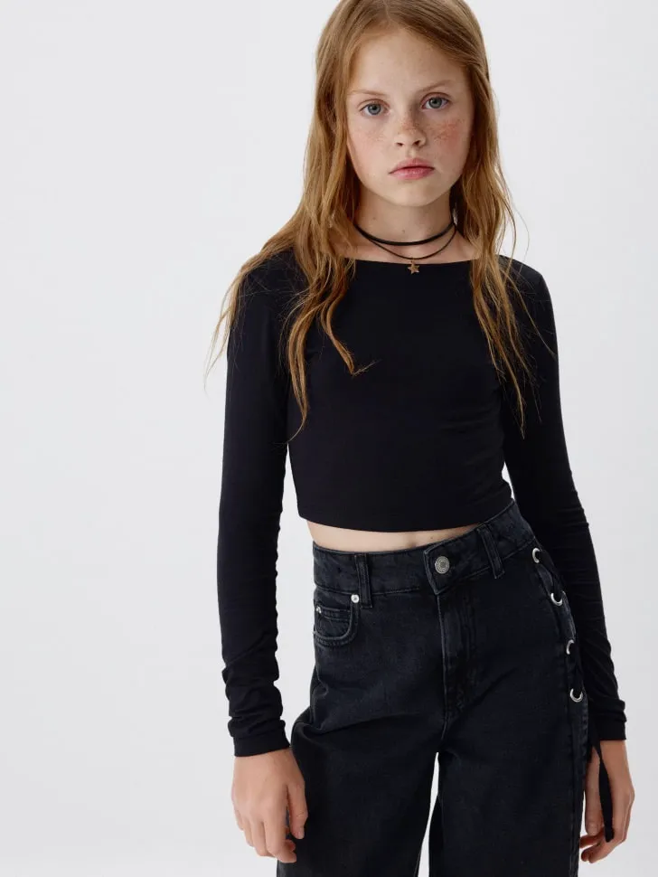 Базовый укороченный лонгслив для девочек, черный, арт. 6372