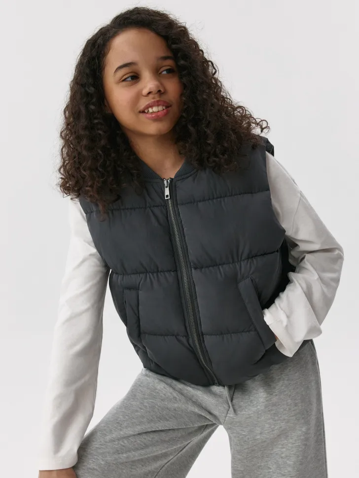 Утепленный дутый жилет для девочек, серый, арт. 6441