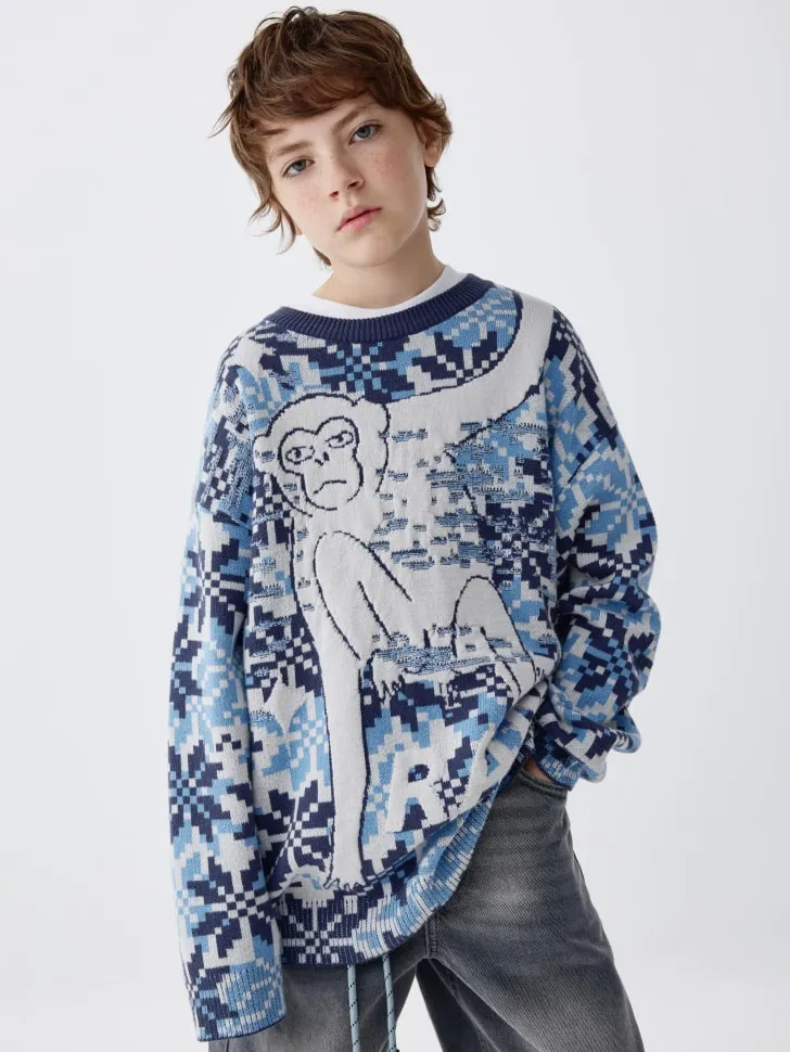 Вязаный джемпер оверсайз с принтом для мальчиков, разноцветный, арт. 6468