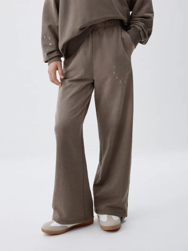 Широкие брюки с люверсами для девочек, коричневый, арт. 6492