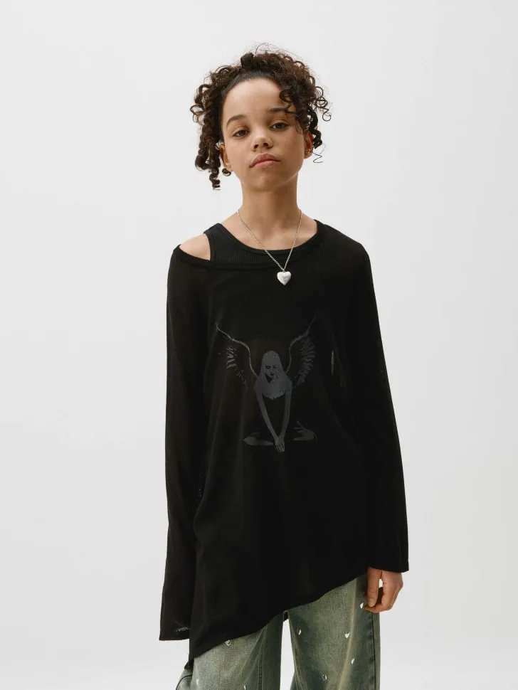 Вязаный асимметричный джемпер с принтом для девочек, черный, арт. 6629