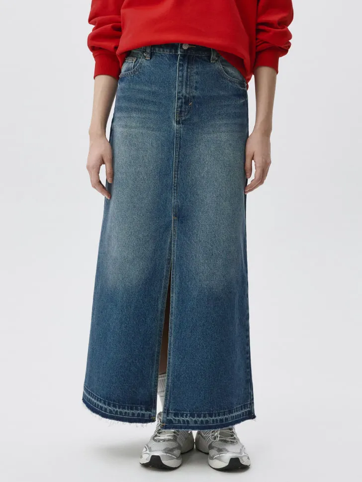 Джинсовая юбка макси с разрезом, синий, арт. 6726