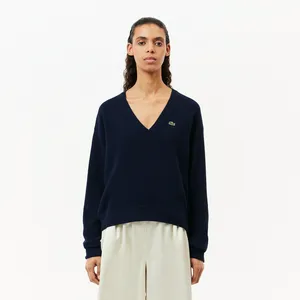 Женский шерстяной свитер Lacoste Relaxed Fit с V-образным вырезом, синий, арт. AF9554
