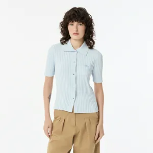 Женский лёгкий свитер Lacoste с коротким рукавом и воротником-поло, голубой, арт. AF0505