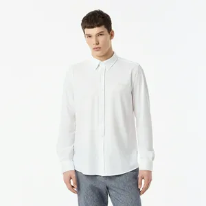 Рубашка унисекс Lacoste в полоску с вышивкой под крокодила, белый, арт. CH0530