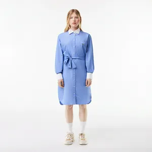 Платье-поло в полоску с длинным рукавом и поясом, синий, арт. EF6930