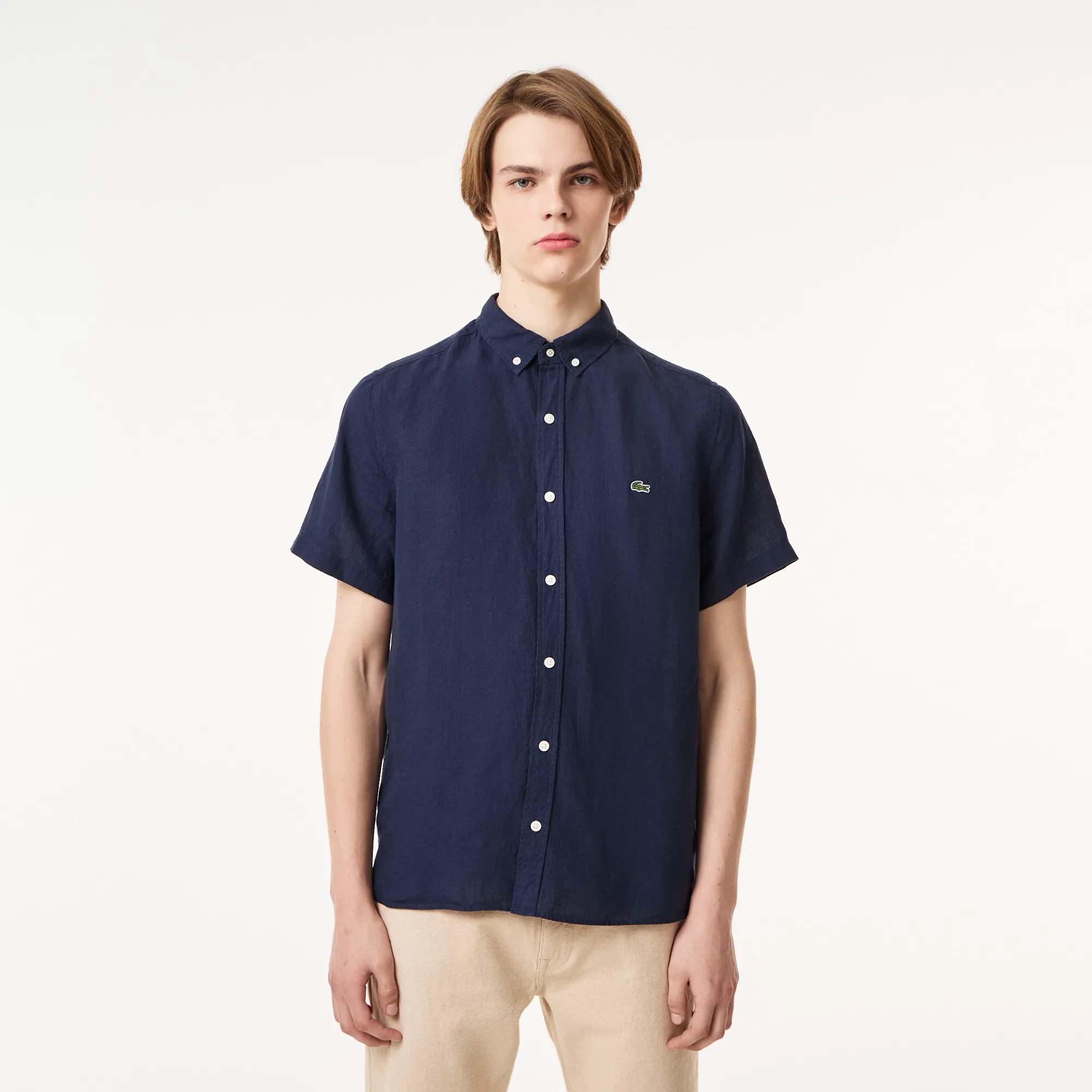 Мужская льняная рубашка Lacoste с коротким рукавом, синий, арт. ch5699t