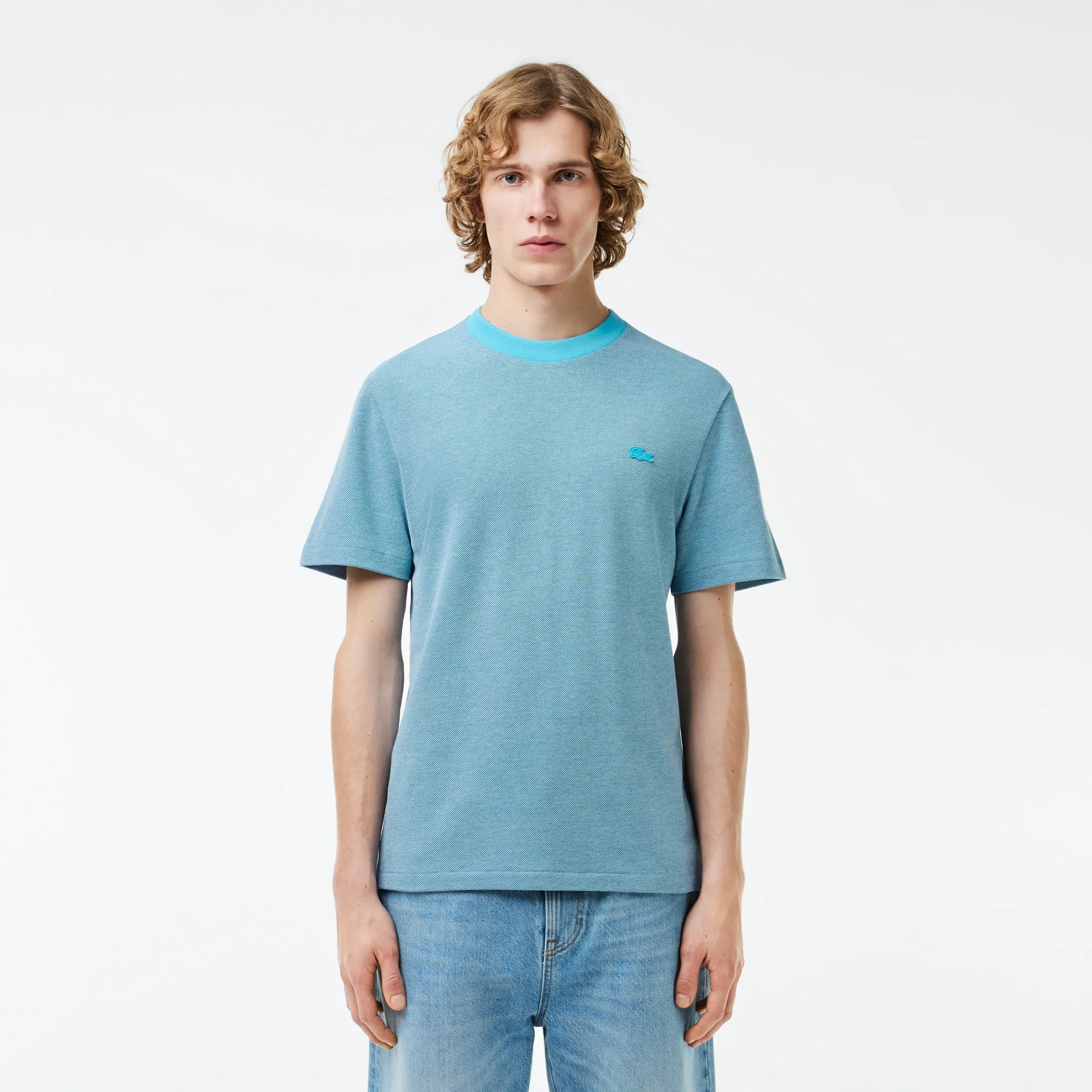 Мужская футболка Lacoste Caviar Pique с контрастным вырезом, голубой, арт. th7344