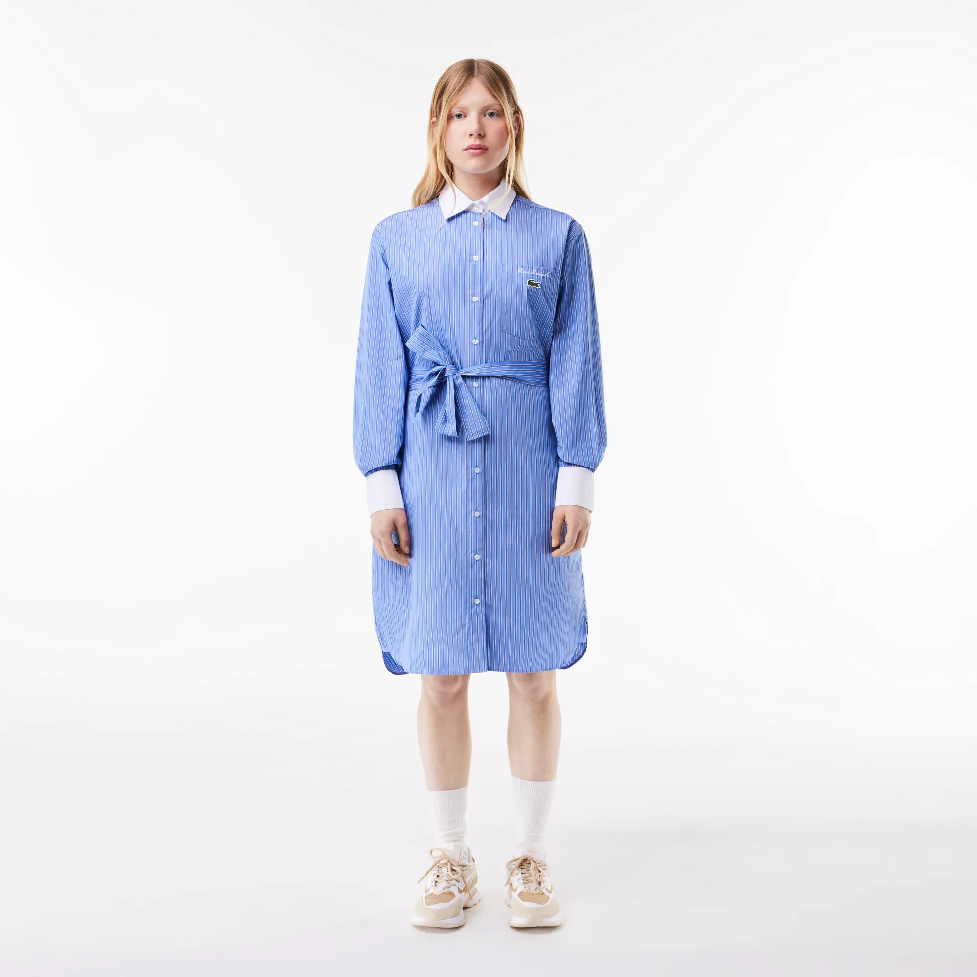 Платье-поло в полоску с длинным рукавом и поясом, голубой, арт. ef6930