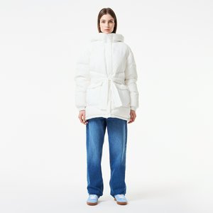 Женский короткий пуховик Lacoste с поясом и высоким воротом