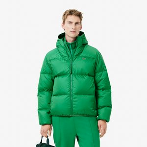 Мужской короткий влагоотталкивающий и ветроустойчивый пуховик Lacoste с капюшоном