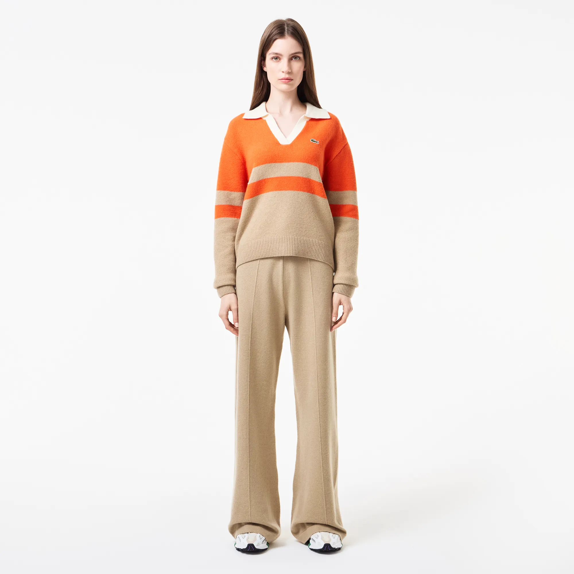 Женские шерстяные брюки Lacoste Relaxed Fit, бежевый, арт. hf2508