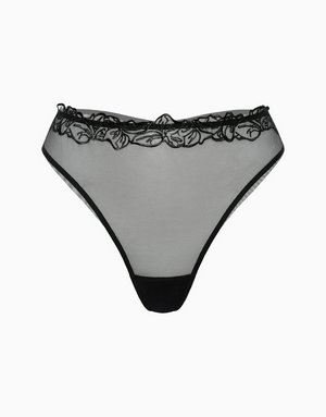 Трусики бразилиано из сетки с вышивкой средняя посадка, черный, арт. 15089