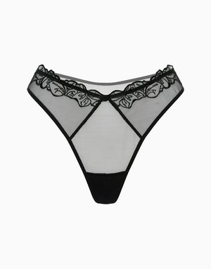 Трусики стринги из сетки с вышивкой средняя посадка, черный, арт. 15377