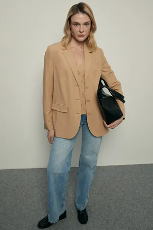 Однобортный жакет FINN FLARE с добавлением льна, бежевый, арт. FSF11056